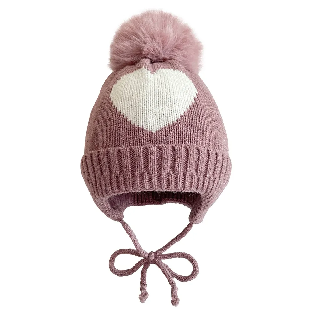 Children`s Hat Beanie Jacquard Love Winter Warm Knitted Hat Baby Hair Ball Ear Cap