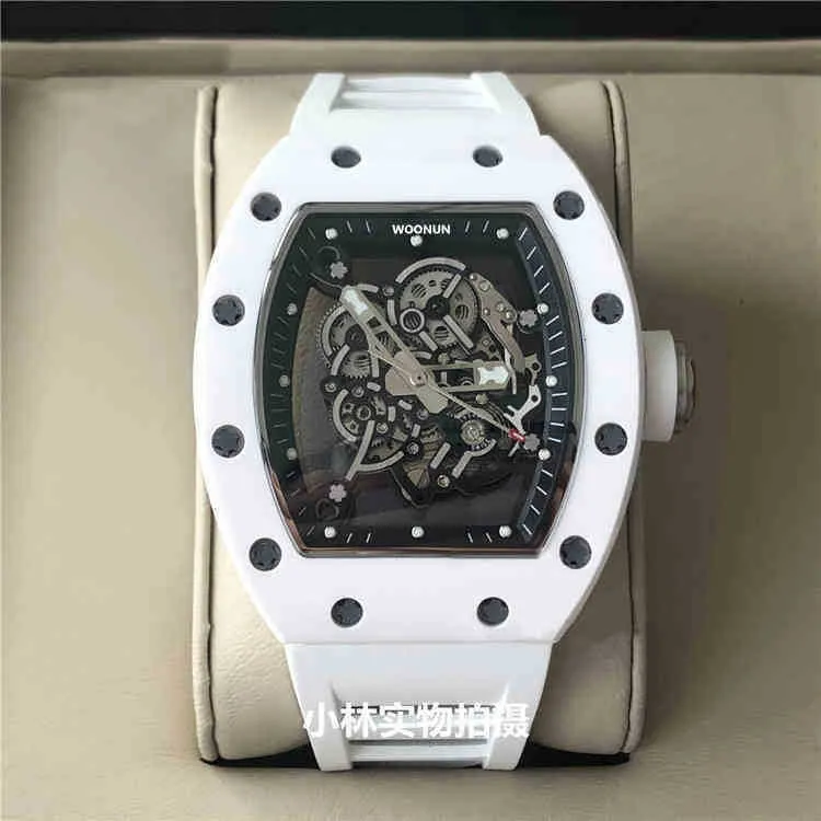 Richard's Mille Orologi da polso meccanici fantastici Rakish Tv Factory Rm055 Fibra di carbonio Uomo Botte di vino in ceramica bianca Personalità Quadrante grande Nuovo stile di lusso