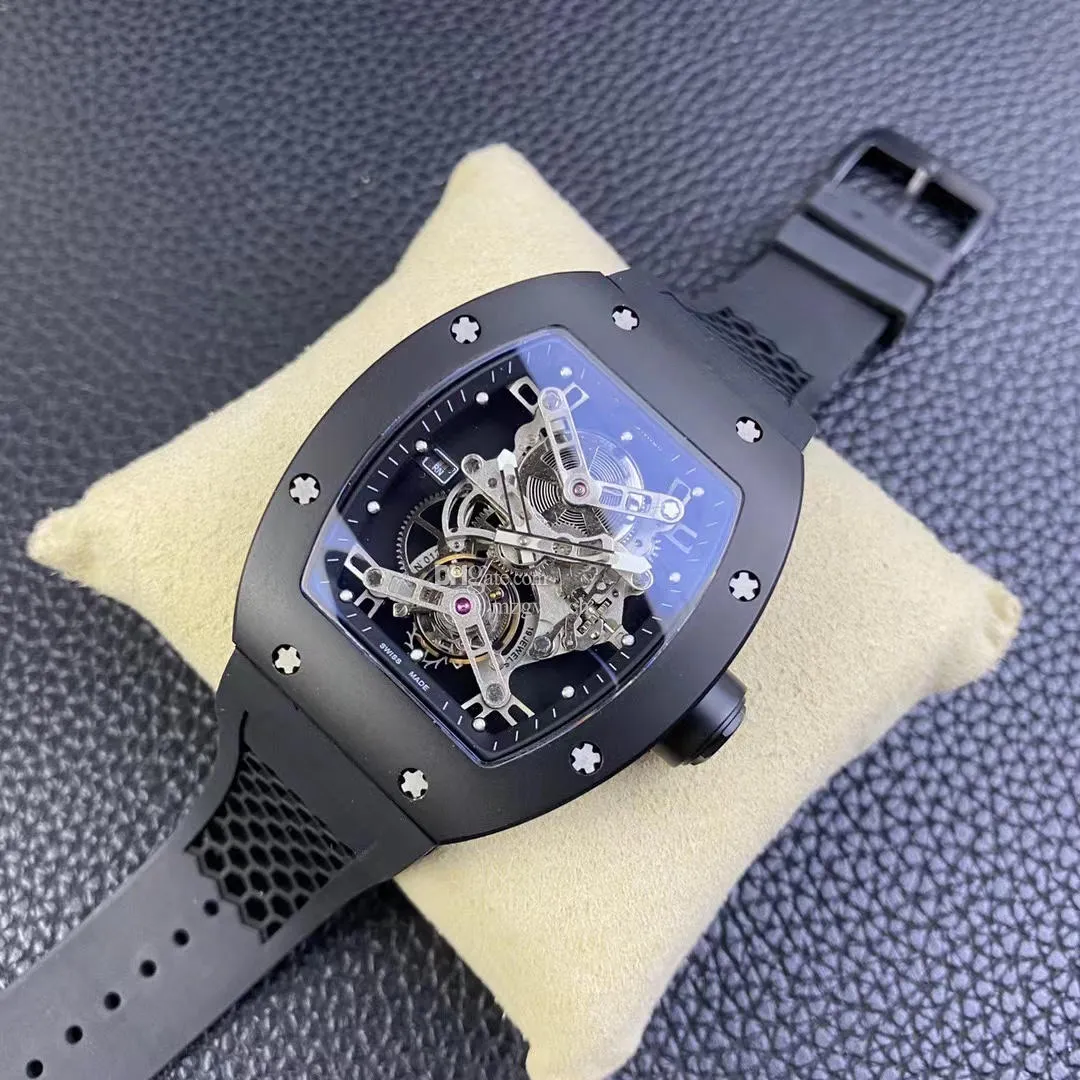 Automatikuhr Richrd Miles RM027 Tourbillon-Uhrwerk, 43 lang, 50 breit, Gehäuse aus hochwertigem Titan, Kautschukarmband, plattierter wasserstofffreier Graphitfilm, Originaluhr