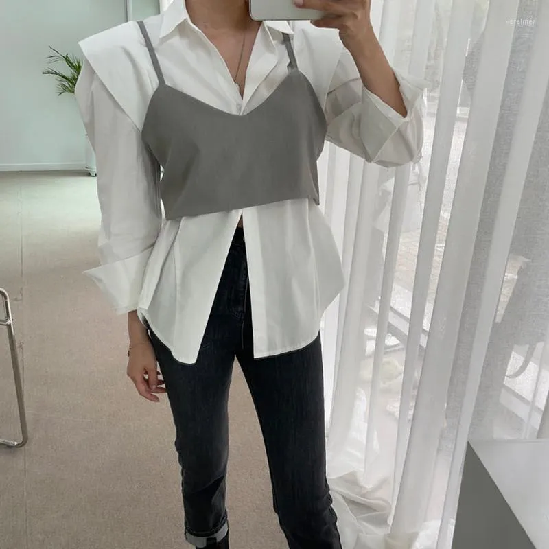 Women's Blouses Women Fashion Shirts Sets Chic Blouse Camisole Two Piece Korean Style Office Ladies Ruffled Casual 2 Pieces Trendy Outfits