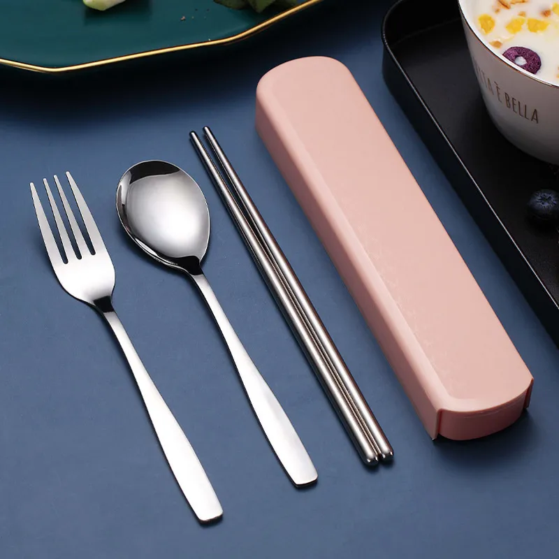 Portabla resebordsartiklar Set 3 st återanvändbart rostfritt stålgaffel Spoon Chopsticks med fodral för camping picknickresor