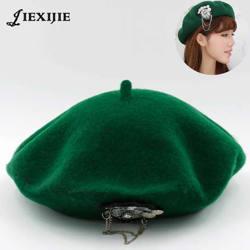 Beanie/Skull Caps Jiexijie Hot％ウールベレット女性冬の帽子Viviモデルリベットウールベレーレディースペインターハットリベットラウンドキャップ
