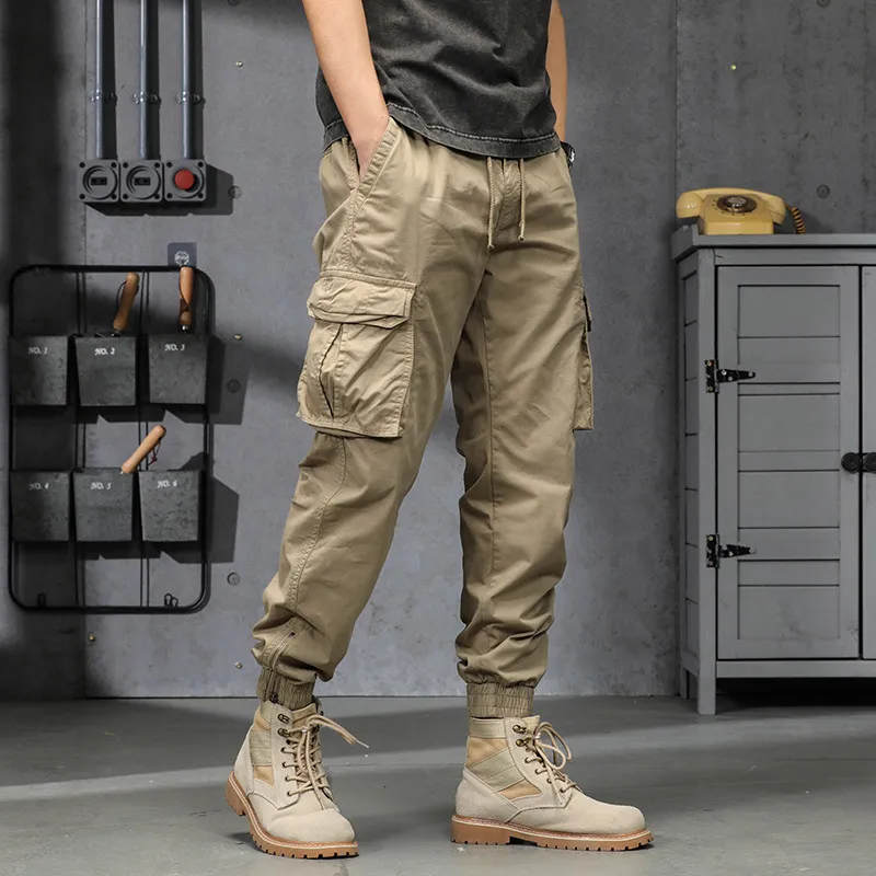 Godlikeu Cargo Pants Men's Multi Fickets Trending Loose Khaki Retro Spring and Summer Cotton Casual Trousers