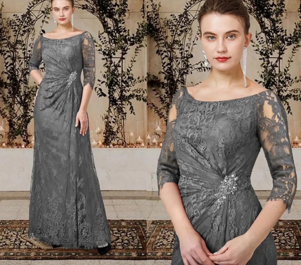 A-Line Mother of the Bride Dress 2023 Plus Size Elegant Charcoal Grey Lace Half Sleeve Appliques Floor Length Bridal Party Gown Robe De Soiree