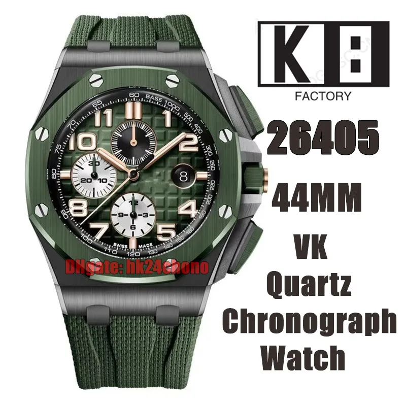 K8F horloges 26405 44 mm VK Quartz Chronograph Mens Watch Green Bezel gerookte groene wijzerplaat rubberen band heren polshorloges
