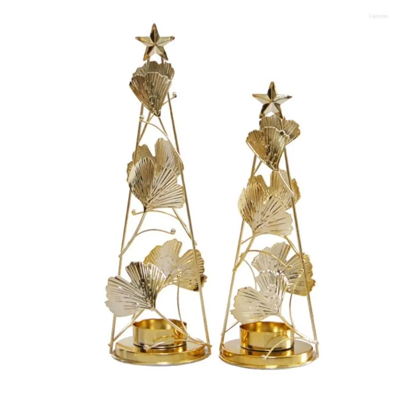 Candle Holders Gold Small Round Cup Candleholder Christmas Tree Apricot Leaves Candlestick Gift