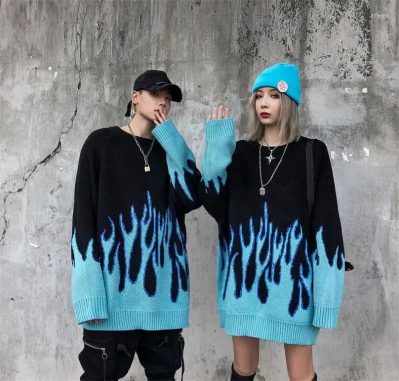 남자 스웨터 니트 블루 불꽃 스웨터 온화한 일본 두꺼운 가을과 겨울 2022 인쇄 남성 여성 힙합 느슨한 커플 복장