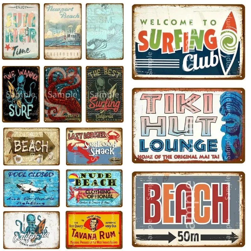 Пляжный оловянный знак Tiki Hut Lounge Metal Painting Decor Decor для пляжного бара пляжный серфинг -клуб декоративный