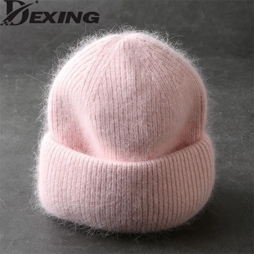 Beanieskull Caps Rabbit Fur Beanies柔らかい暖かいふわふわの冬の帽子女性のアンゴラニット頭蓋骨女性ボンネット女性ニットキャップ221024