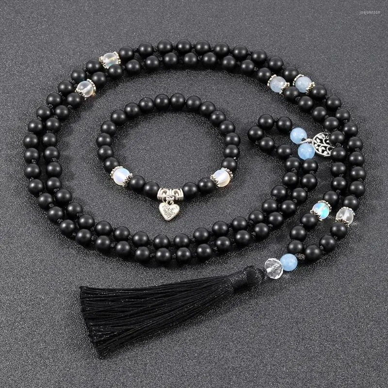 Necklace Earrings Set OAIITE Natural Matte Black Onyx Stone 108 Japamala Beads Bracelet Women Men Jewelry For Yoga Meditation