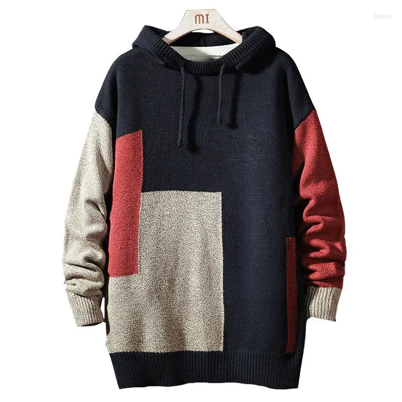 Maglioni da uomo Pullover con cappuccio lavorato a maglia Maglione casual patchwork da uomo Moda streetwear da uomo Taglie forti M-5Xl