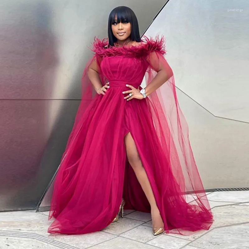 Party Dresses Off The Shoulder Feathers Tulle Evening Dress With Long Cape Sexy Side Split A Line Formal Gowns Aso Ebi Bridal