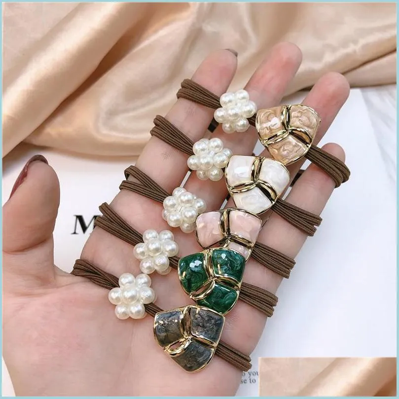 Hair Rubber Bands Temperament Female Pearl Rubber Petal Hairrope Women Girls Fashion Triangle Starry Sky Head Rope Scrunchie Band Ha Dhj0X