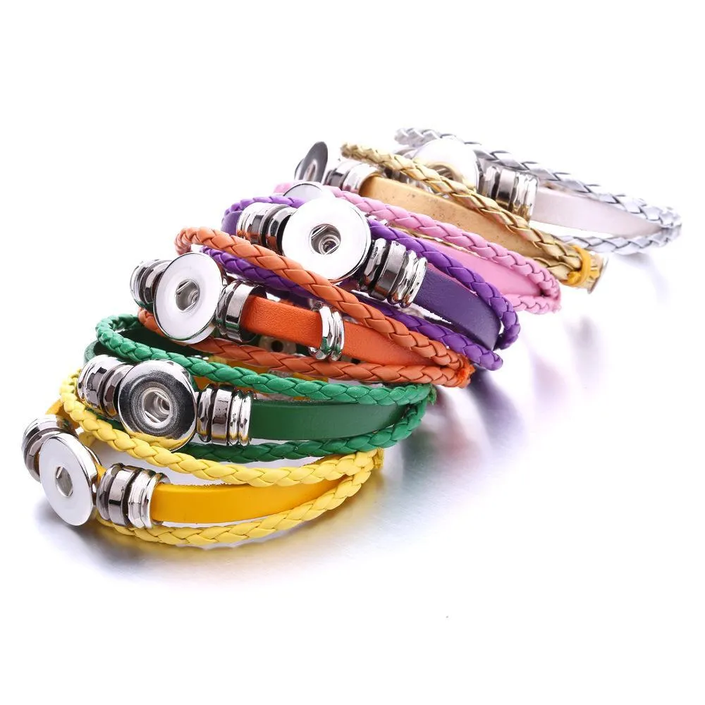 Charm Bracelets 새로운 13 색 스냅 버튼 팔찌 여성 18mm 생강 스냅 매력 mti 층 브레이드 로프 뱅글을위한 패션 dhldw