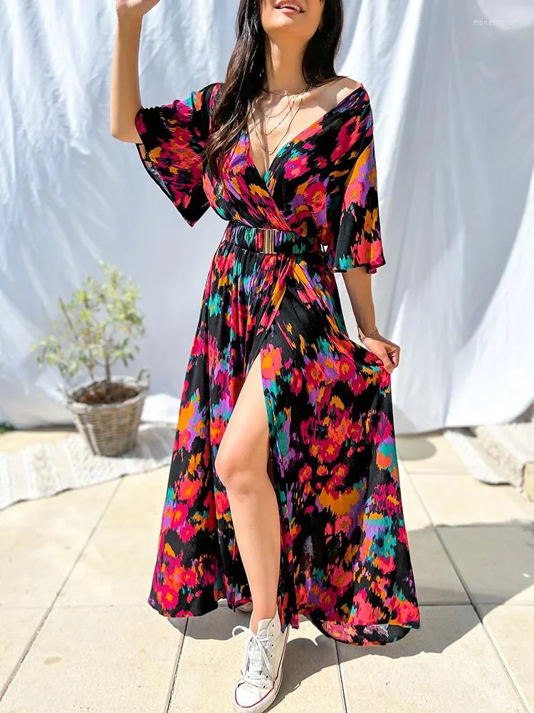 Party Dresses Sexy V Neck High Slit Drape Dress Summer Bohemian Long Women 2022 Elegant Multicolor Print Slim Waist Beach