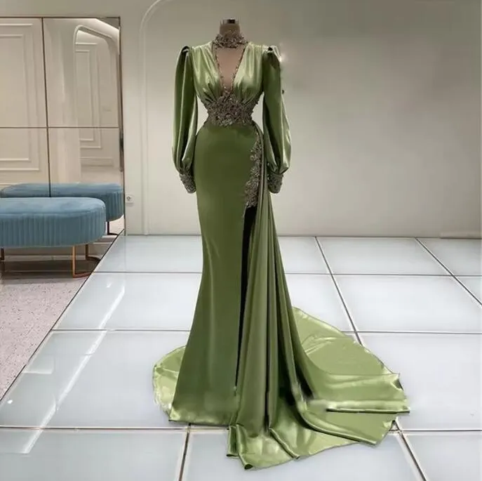 High Neck Green Evening Dresses Crystal Split Side Train Celebrity Mermaid Long Prom Dress T Shirt Sleeve Arabic Dubai gown