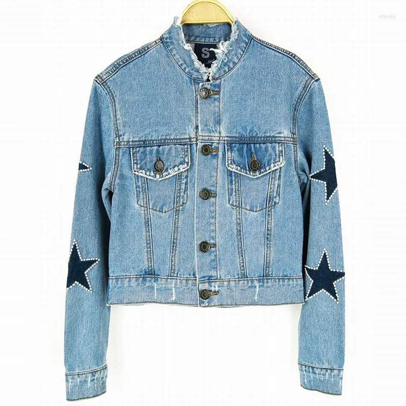 Frauenjacken Hohe Qualität Sexy Star Print Denim Jacke Mantel Frauen Frühling Casual Stand Jeans Oberbekleidung Weibliche Basic 2022