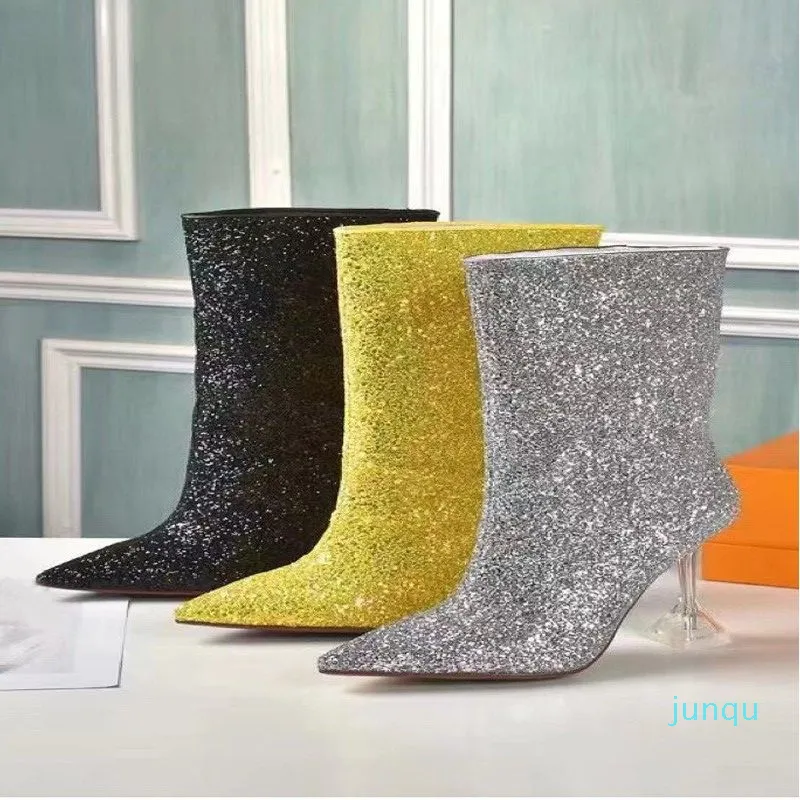 autumn winter heeled heel boots fashion sexy Belt buckle designer boot 100 leather heel pointed women shoes lady Letter Shiny high heels size