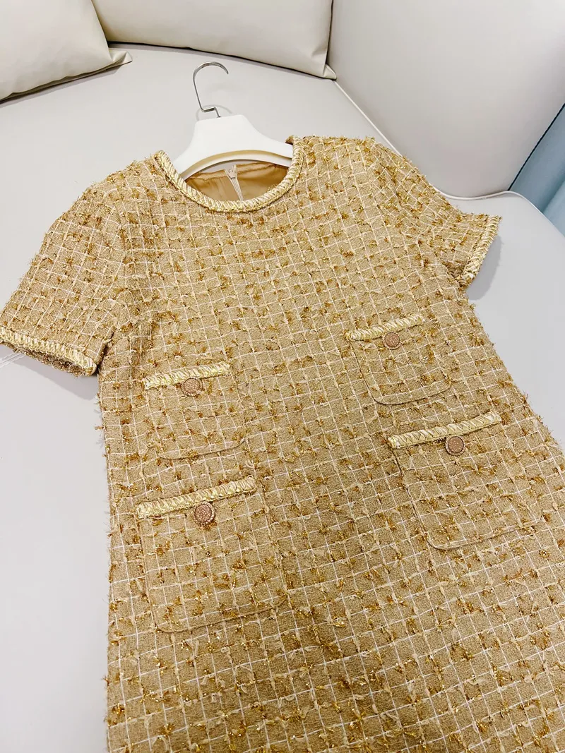 L6J082480 Gold Tweed Panelled Dress 3/4 Sleeve... From Risabeira, $72.57 In  Bulk | DHgate.Com