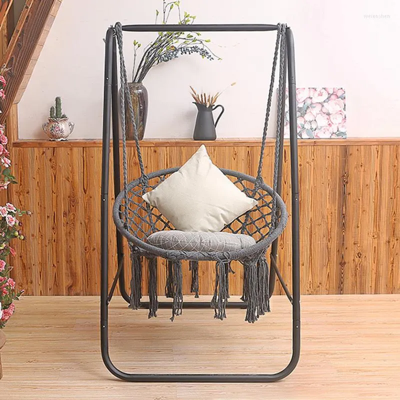 Koppla av i stil med vår Cotton Rep Hanging Chair - Perfekt för vuxna och barn, Nordisk stil inomhus svängande hängmatta med stativ inkluderad