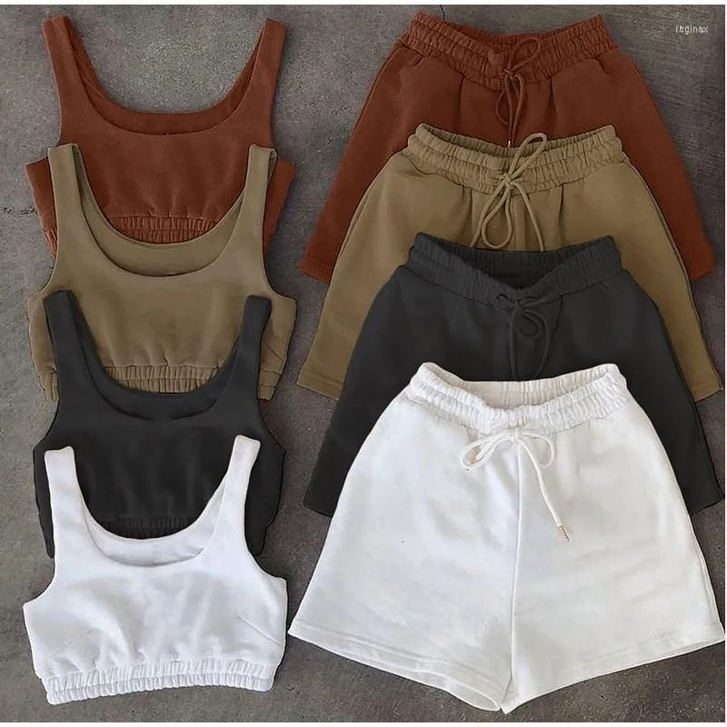 Women's Tracksuits Sports Suit Casual Solid Sportswear Two Piece Sets Women's Clothing 2022 Crop Top & Drawstring Shorts Summer