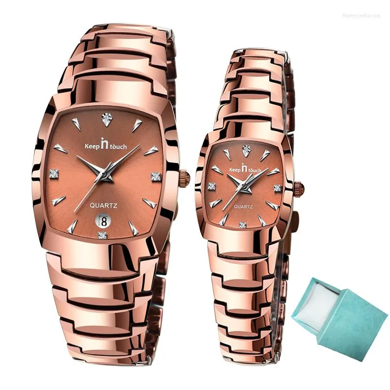 Armbandsur mode fyrkantiga par tittar par män och kvinnor rostfritt stål kvarts vattentätt klocka för älskare med lådgåva
