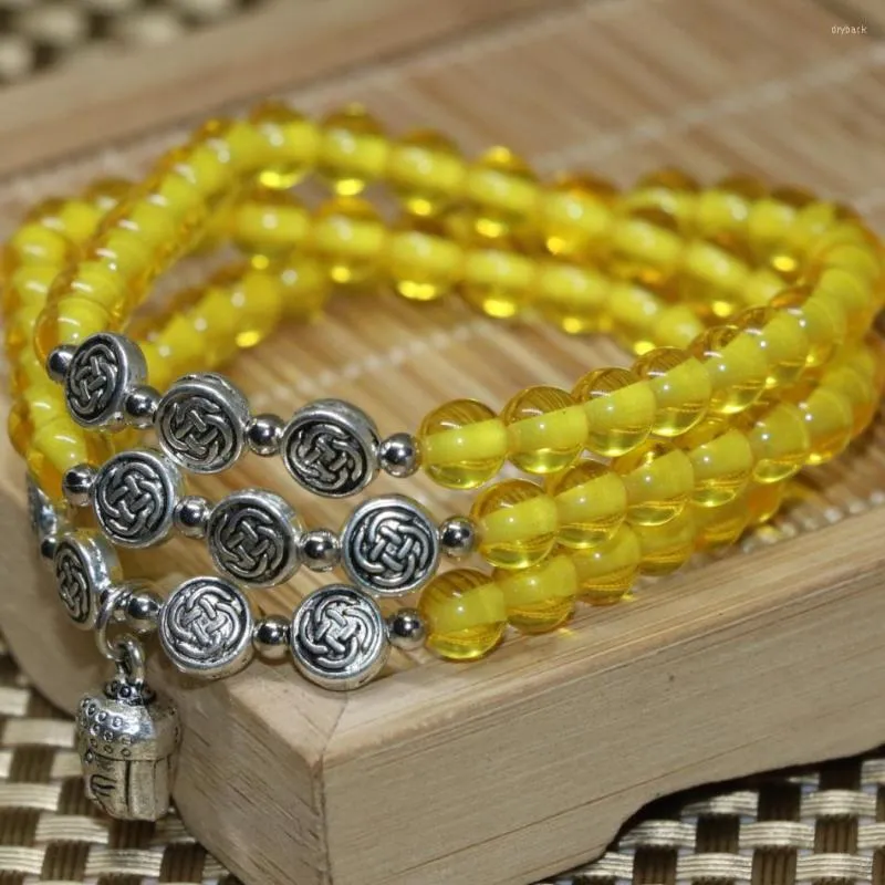 Strand Original Design Fashion Buddha Pendant Yellow Resin Synthetic Beeswax 6mm Round Beads Long Multilayer Bracelet Jewelry B2261