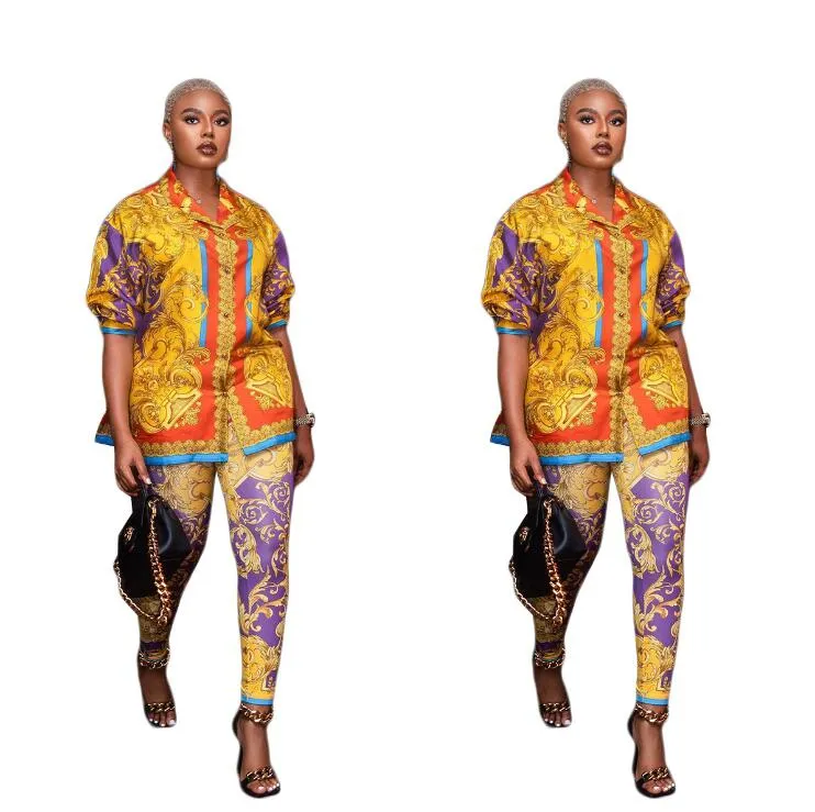 J2761 European and American women's pants two piece fashion casual long sleeve shirt rich printed set