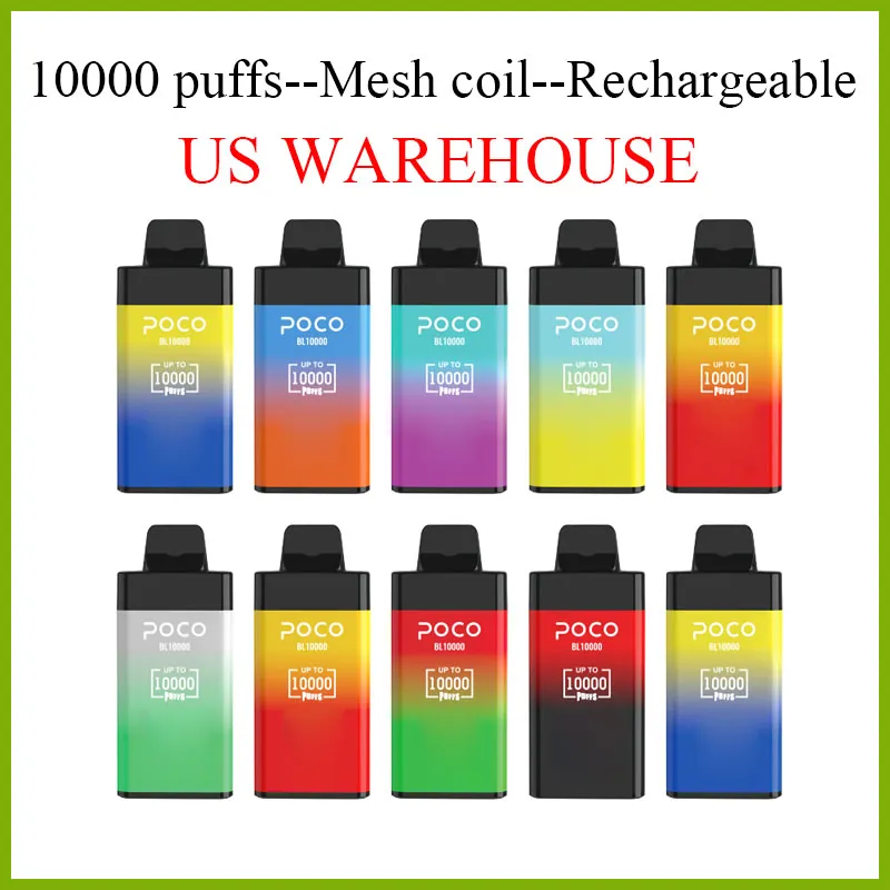 미국 창고 Poco BL 100000 퍼프 전자 담배 일회용 펜 충전식 650mAh vape 펜 배터리 및 사전 채워진 20ml 메쉬 코일 카트리지 포드