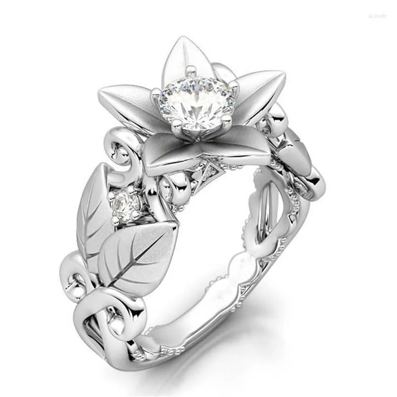 Br￶llopsringar 2022 Vintage Silver Plated Leaf Twig Flower for Women Shine CZ Stone Inlay Fashion Jewelry Party Gift Ring