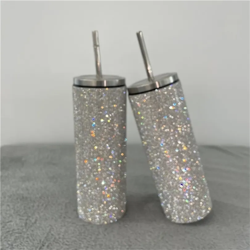 Bouteilles d'eau 20oz600ml brillant diamant Thermos bouteilles en acier inoxydable gobelets avec paille Portable bouteille d'eau tasse à café fille femmes cadeau 221025