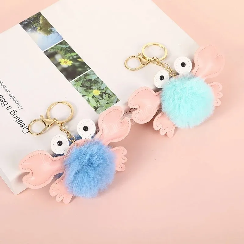 Kawaii Crab Shaped Pompom Keychain for Women Backpack Handbag Car Keys Decor Animal Fluffy Plush Keyring Charm Accessories Gift