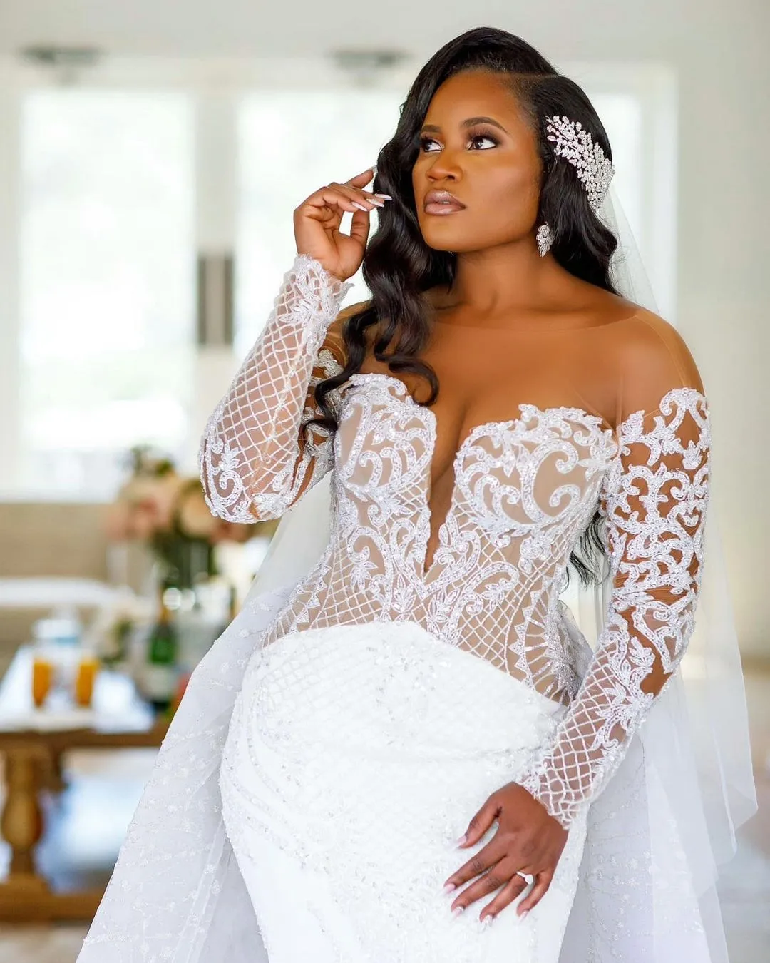 crepe long sleeve wedding dress with beaded illusion back Champagne Illusion 3/4 Sleeve Lace Wedding Dress Champagne main image 0