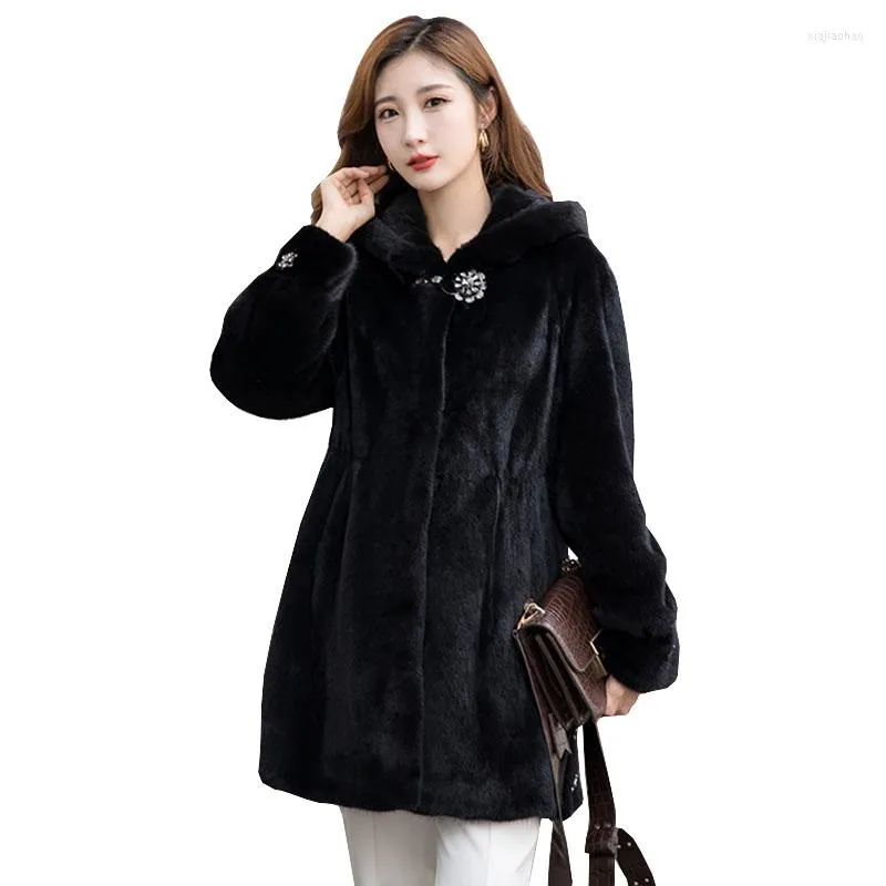 Women's Fur Elegant Women Winter Coat Female Vogueable Hooded Thick Warm Jacket Lady Plus Size Loose Faux Coats G219