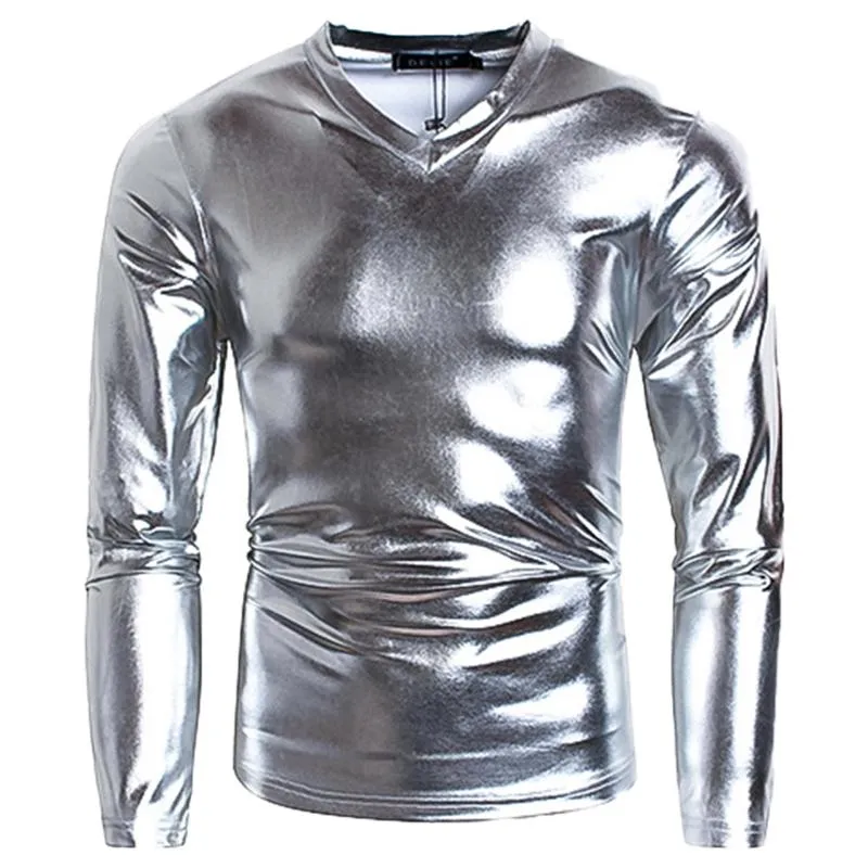 Shiny Glossy Black Faux Leather Gym Shirts Men For Men Slim Fit V Neck Long  Sleeve Top For Nightclub Party Performance Plus 5XL From Shiyinxia, $16.98
