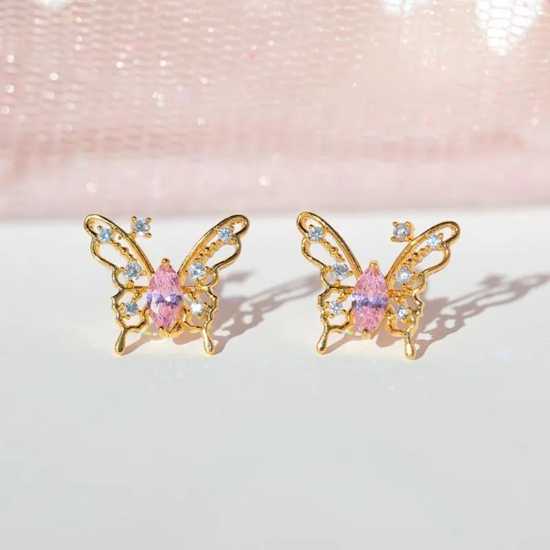 Stud Earrings Ins Hollow Butterfly Earring For Women Cute Gold-plated Pink Zircon Fashion Aesthetic Jewelry Gift