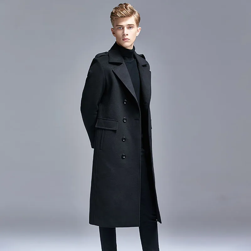 Autumn Winter Trench Coat Men, altura dos joelhos britânicos finos e duplos na Europa Trend Business Business diariamente casaco de vento de lã