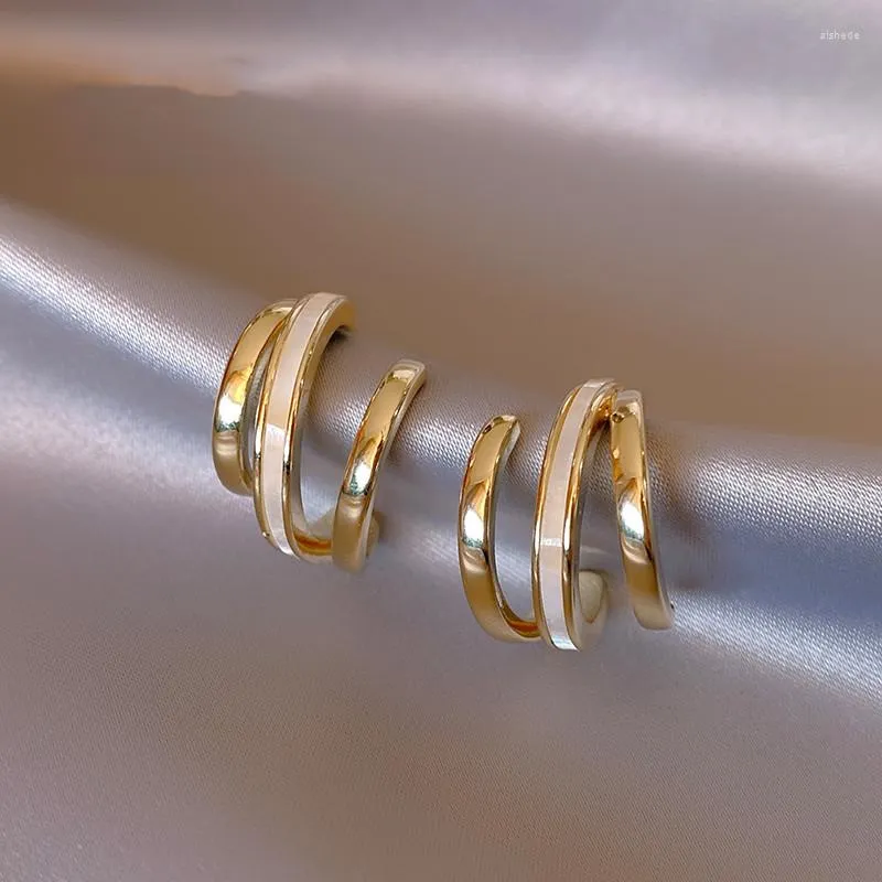 Hoop Earrings 14K Real Gold Plating Metal Three Circle Design White Shell Simple Jewelry Korean Fashion Gifts For Women And Girls