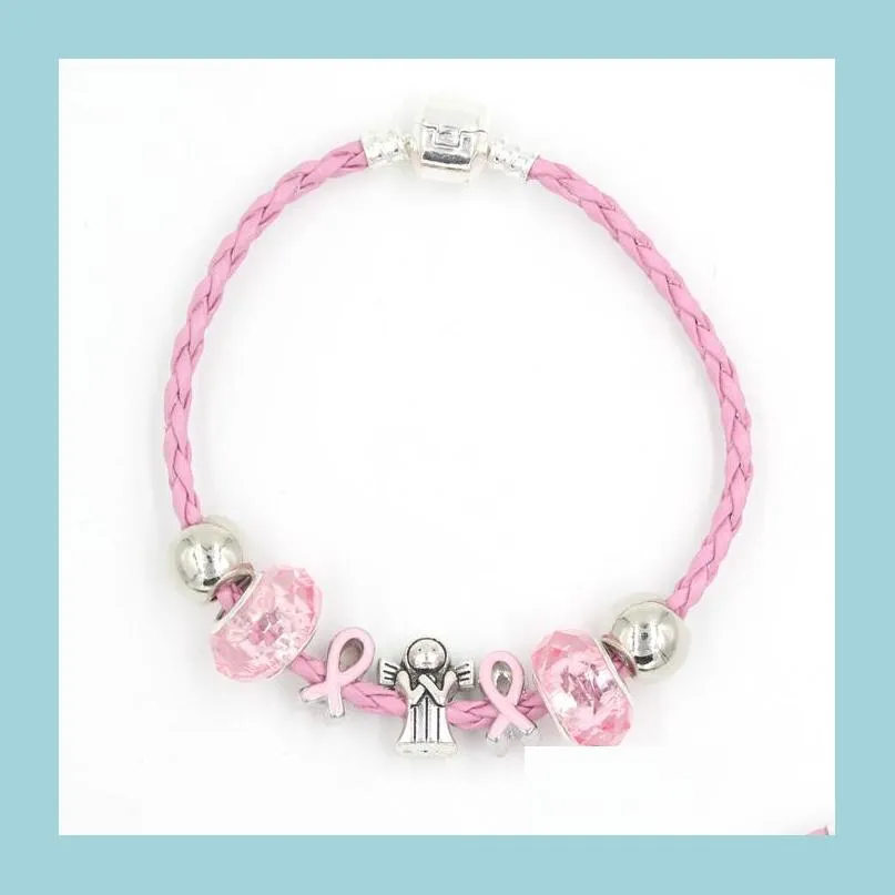 Charm Bracelets Mais Recente Conscientização do Câncer de Mama European Bead Angel Beads Pulseiras de Fita Rosa Drop Delivery 2022 Jóias Dhkfl