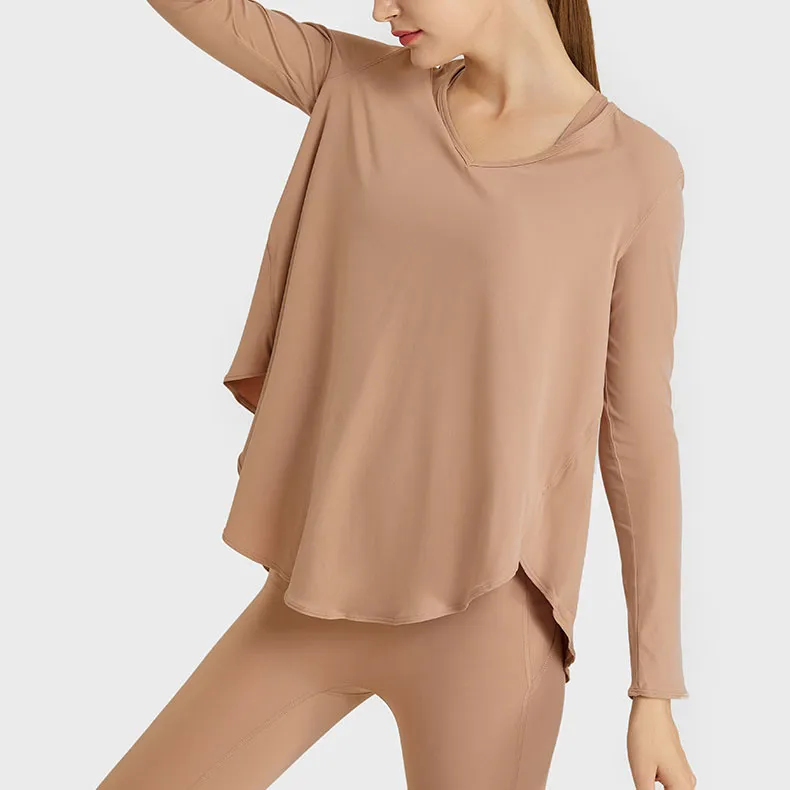 Haut de sport ample pour femme tenue de yoga fitness T-shirt à manches longues mince respirant évacuant la transpiration débardeur semble vêtements minces et irréguliers à séchage rapide VELAFEEL