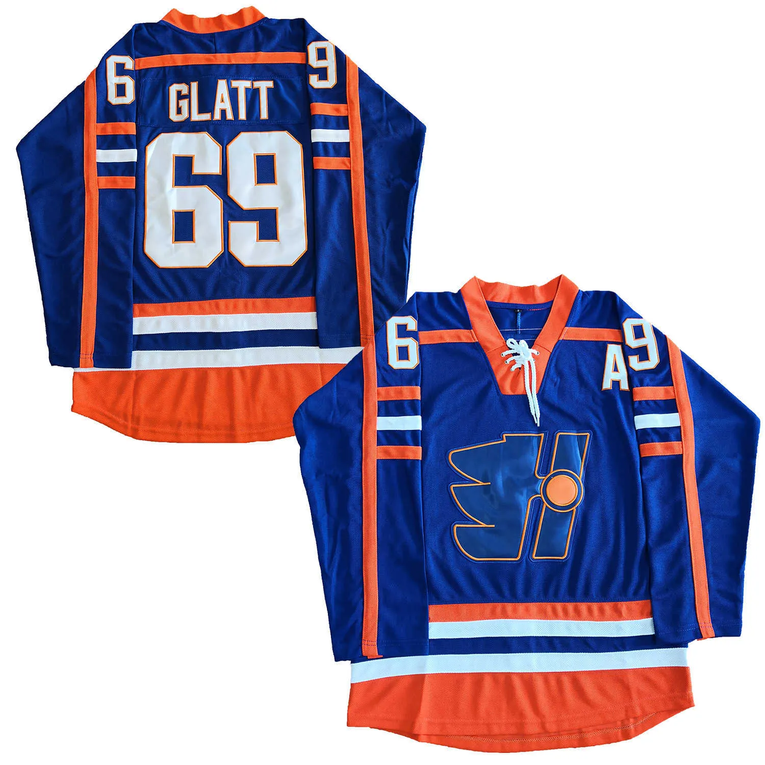 Doug the Thug #69 Glatt Halifax Highlanders Hockey Jersey Blue Movie Jerseys podwójnie zszyty nazwa i numer