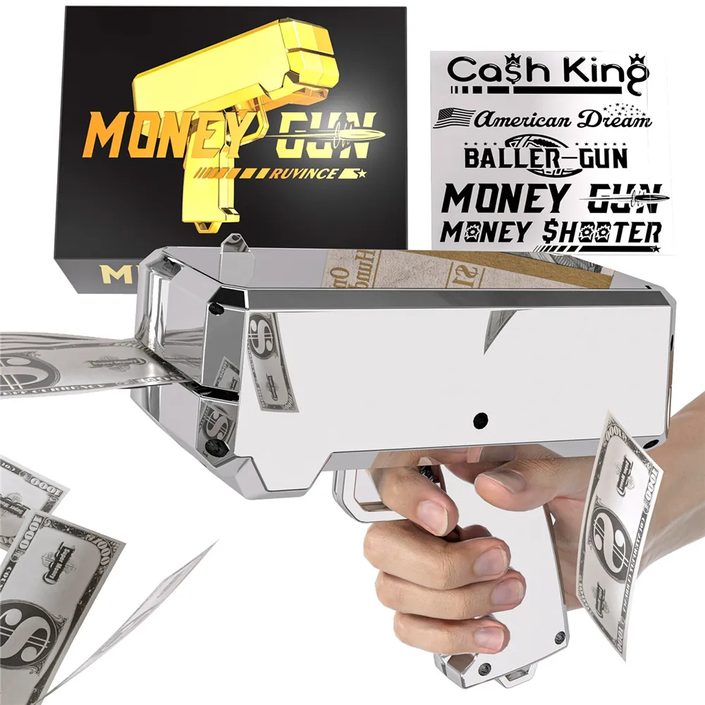 إطلاق النار على مسدس المال مع 100pcs Prop Pray Toy Gun Cash Cannon 18k Silver Plated Make It Rain Dollar Bill