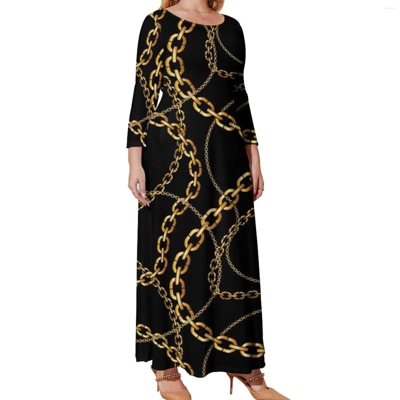 Plus Size Dresses Gold Chains Dress Long Sleeve Circle Chain Print Cute Maxi Daily Street Wear Bohemia 4XL 5XL
