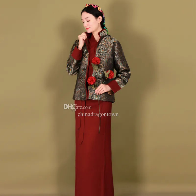 Traditionella etniska kläder för kvinnor vintage tibetansk mantel elegant dräkt två stycken set topp och en klänning asiatisk damdräkt