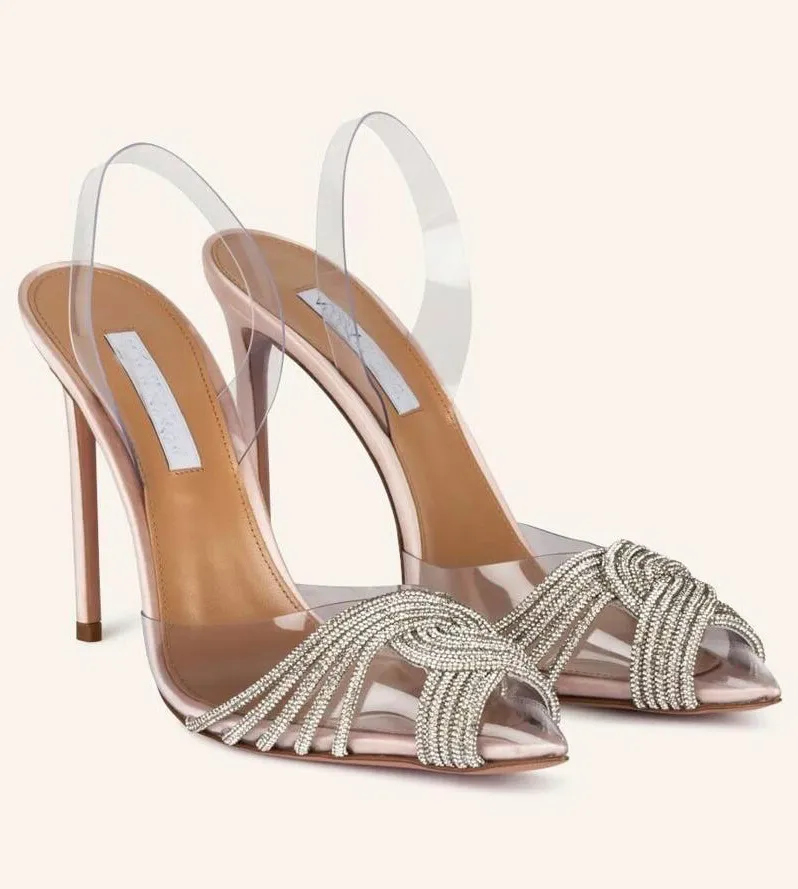 Lyx aquazzur gatsby sandaler skor kvinnor kristall flätor utsmyckade slingback pumpar pvc läder höga klackar fest bröllop brud eu35-43