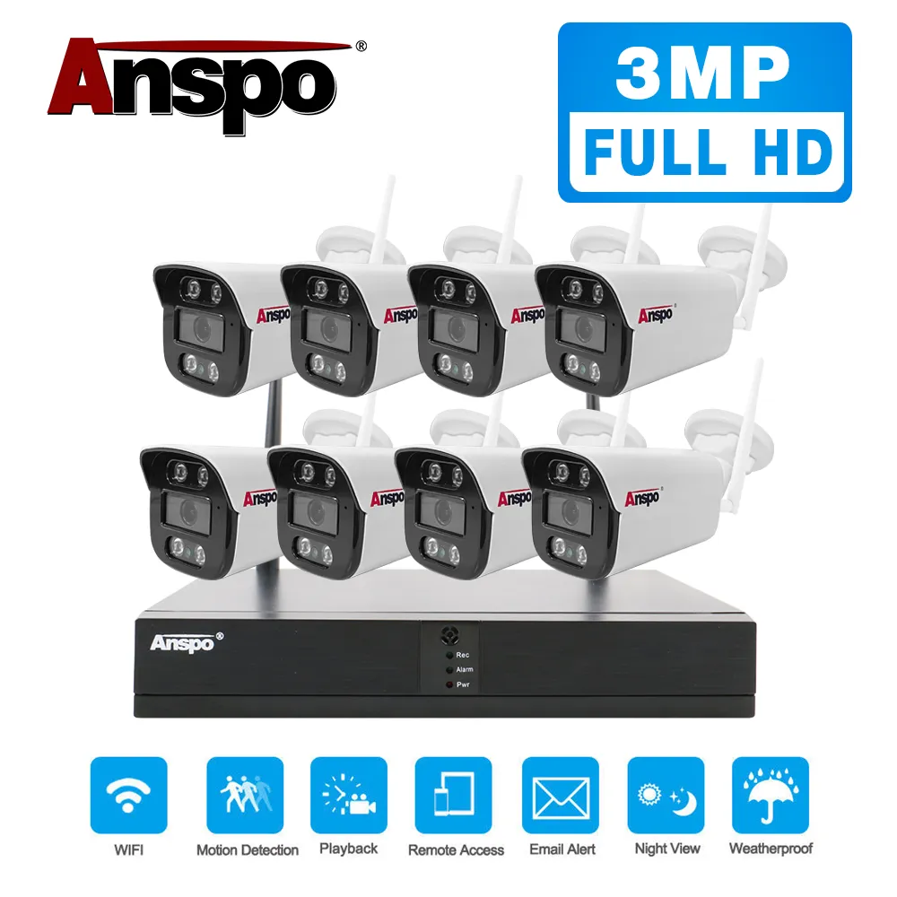 Anspo 3MP Wireless Security Camera System 8CH NVR HD CCTV WIFI Audio Kit NVR Indoor Outdoor Waterproof IP66 Infrared