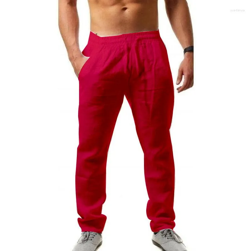 Pantalon en coton et lin pour homme, respirant, couleur unie.