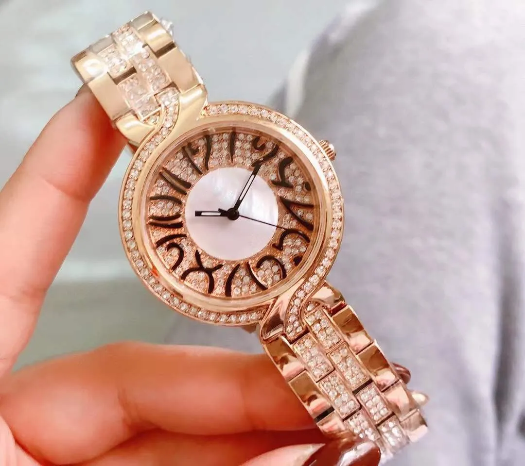 Modische Damen-Quarz-Armbanduhr mit geometrischen Zahlen, Roségold, Diamant-Kreisuhr, weiße Perlmutt-Uhren, Muschel-Zifferblatt, weiblich, Edelstahlarmband, 33 mm