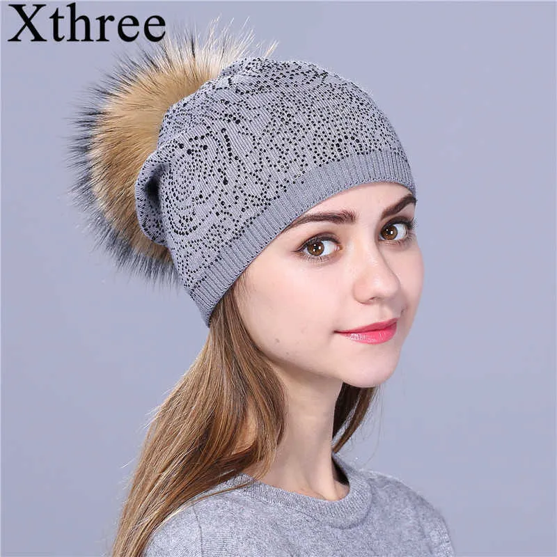 Beanie/Skull Caps Xthree new Rhinestone Winter hat for women girl Warm Wool Knitted Beanie Skullie Real Fur Pom Gorro Female Cap T221020