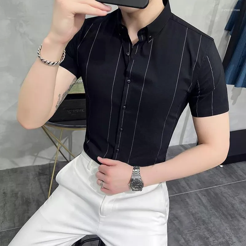 Men's Casual Shirts Size 4XL-M Summer Fashion Striped Business Formal Wear Shirt Men Short Sleeve Slim Fit Office Social Tuxedo Blouse